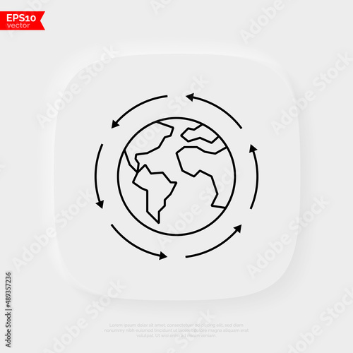 Globalization, arrows around the planet. Thin line icon. International business, worldwide distribution, logistic transportation. Overconsumption. Vector illustration.