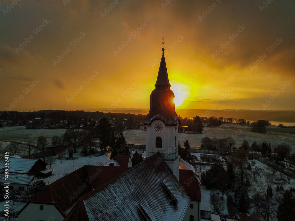 Church at sunset in winter, photographed by a drone Church at sunset in winter, photographed by a drone