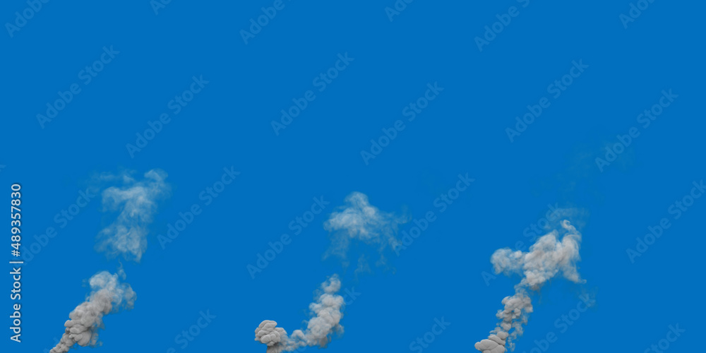 3 grey carbon dioxide smoke columns from wildfire on blue, isolated - industrial 3D illustration