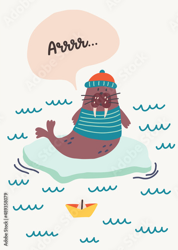 Arrrr lettering cute walrus sailor sitting on ice floe. Sea underwater life. Doodle illustration Hand drawn nursery baby scandinavian style, kids t shirt postcard