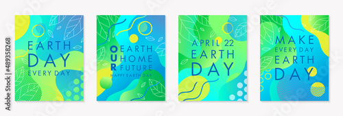 Set of Earth Day posters with green gradient backgrounds,liquid shapes,linear leaves and geometric elements.Earth Day layouts perfect for prints, flyers,covers,banners design.Eco concepts. © Xenia Artwork 