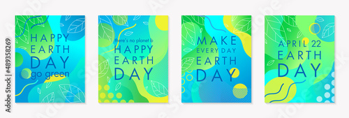 Set of Earth Day posters with green gradient backgrounds,liquid shapes,linear leaves and geometric elements.Earth Day layouts perfect for prints, flyers,covers,banners design.Eco concepts.