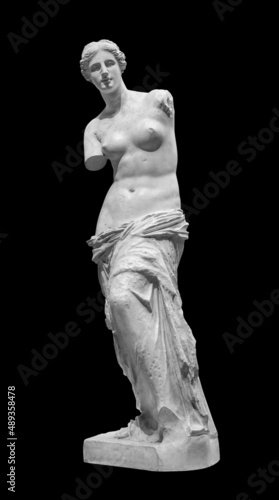 Plaster statue of Venus Milo. Beautiful woman Aphrodite sculpture solated on black background with clipping path photo