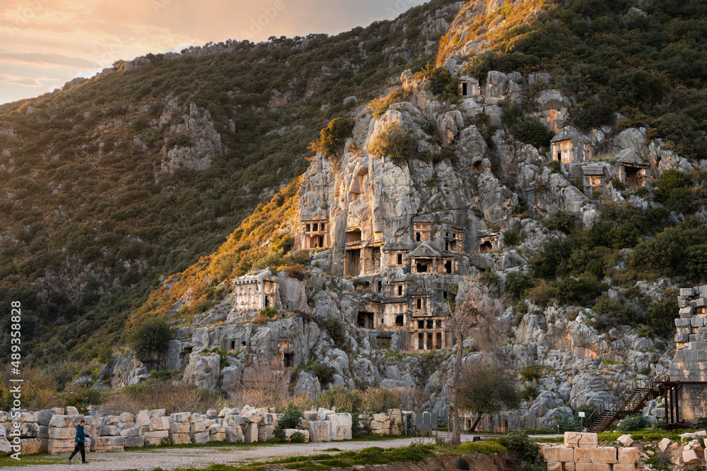 Ancient ruins of Myrna city with rock tombs
