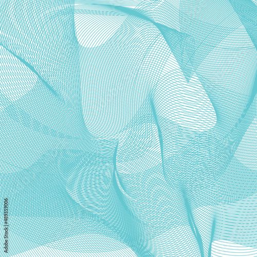 Light blue airy tulle abstract background vector. 3D art wave line shape curve, soft smooth fine silk cotton pattern. Modern beautiful dynamic graphic illustration for banner, card, cover, backdrop.