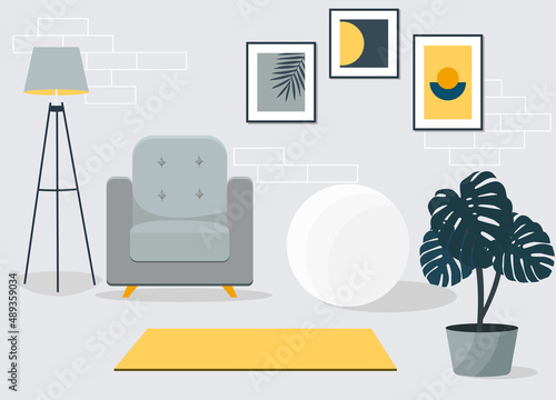 Training at home concept, interior, decorative sport in the room.