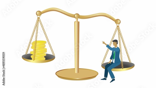 Man and money on weightscale. Vector illustration.