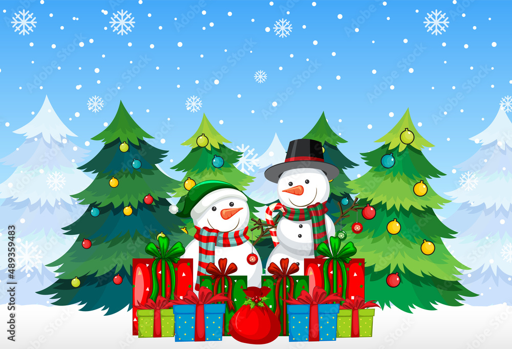 Snowman with many gift boxes on snowy blue background
