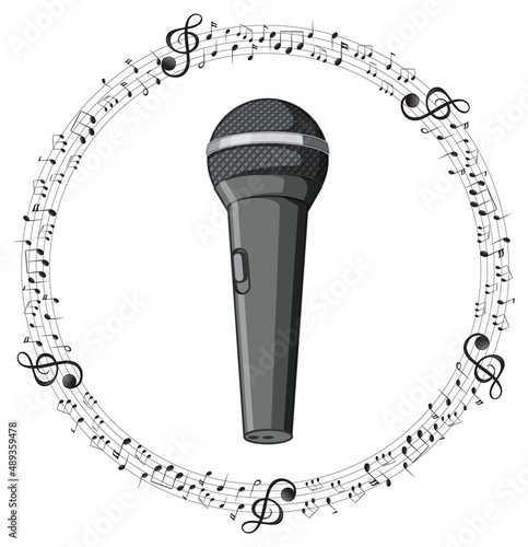 A microphone with musical notes on white background