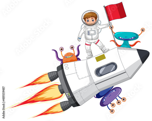 An astronaut on rocketship with aliens in cartoon style