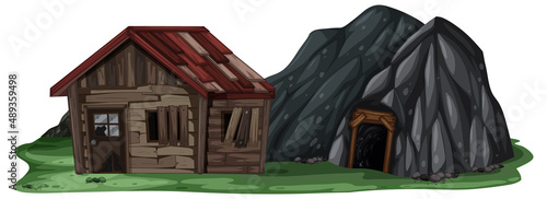 An abandoned house with a rock cave on white background