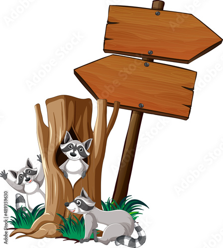 Raccoon with wooden sign banner