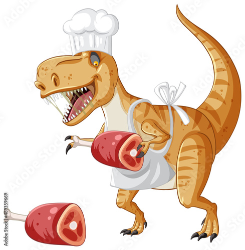 Tyrannosaurus rex dinosaur holding meat bone in cartoon style