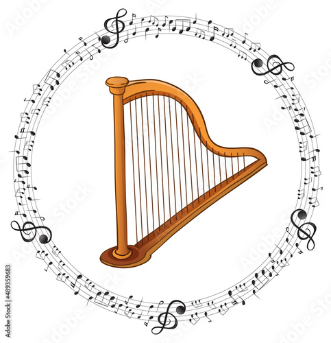 A classic harp with musical notes on white background