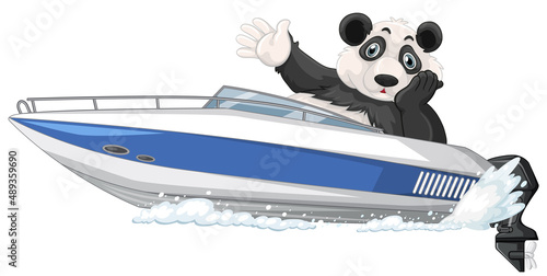 Panda on a speed boat in cartoon style
