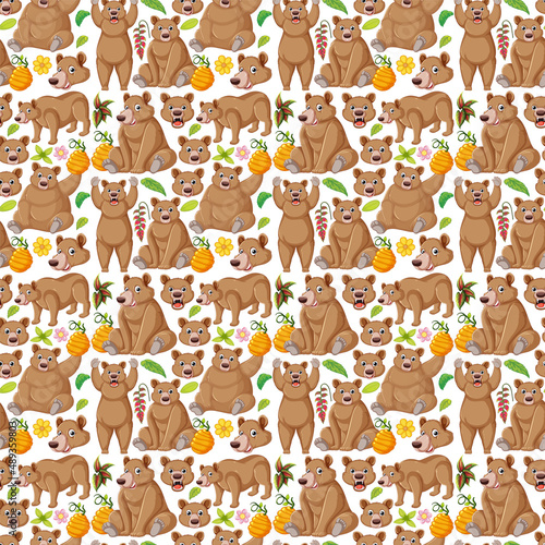 Funny bear and horse on white background seamless