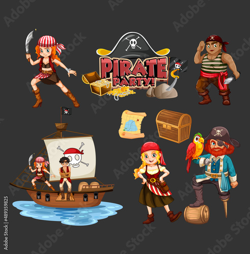 Set of pirate cartoon characters and objects