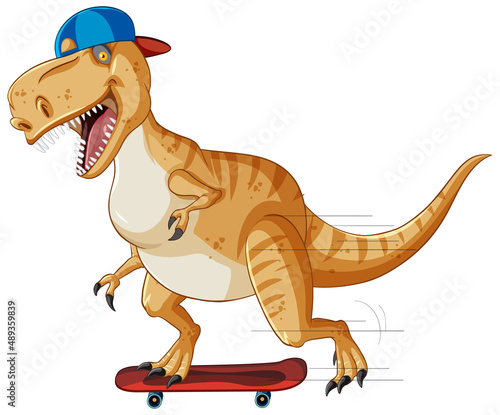 Tyrannosaurus rex dinosaur on skateboard in cartoon style