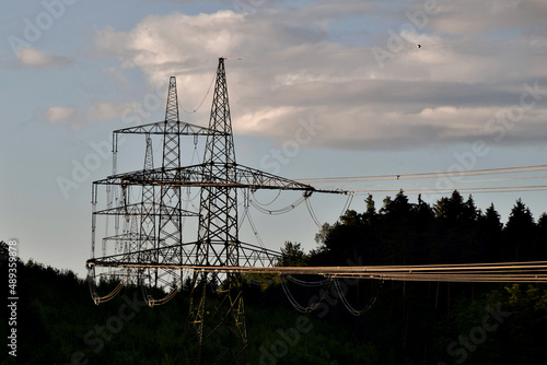 Eine 380 kv Leitung im mystischen Licht der Abendsonne führt durch den Wald
