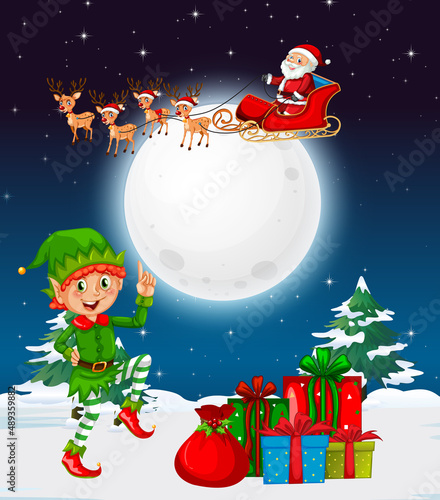 Snowy winter night with Christmas elf and Santa Claus