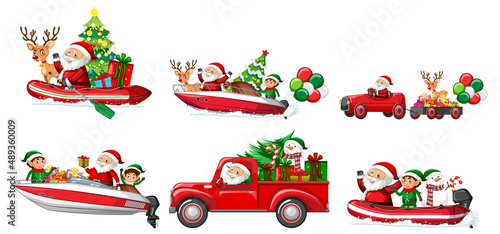 Set of different Christmas cars and Santa Claus characters