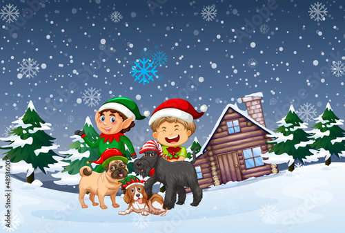 Snowy winter night with elves and dogs