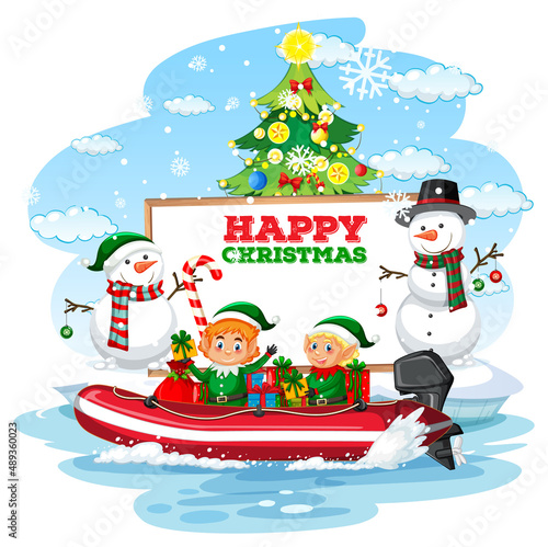 Empty banner with Christmas elves delivering gifts by a boat