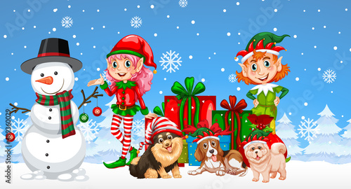 Christmas snowman with children on snowy blue background