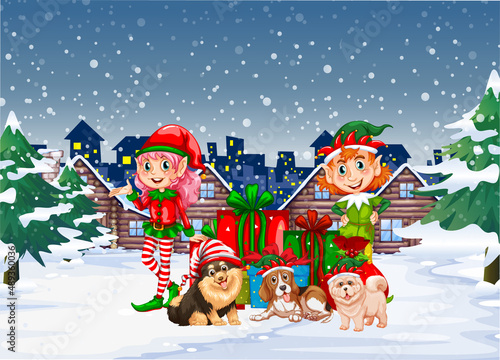 Snowy winter night with Christmas characters