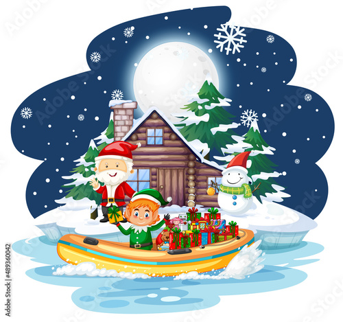 Snowy night with elves delivering gifts by boat