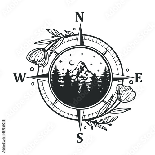Compass Flowers Illustration Clip Art Design Shape. Mountain Forest Adventure Silhouette Icon Vector.