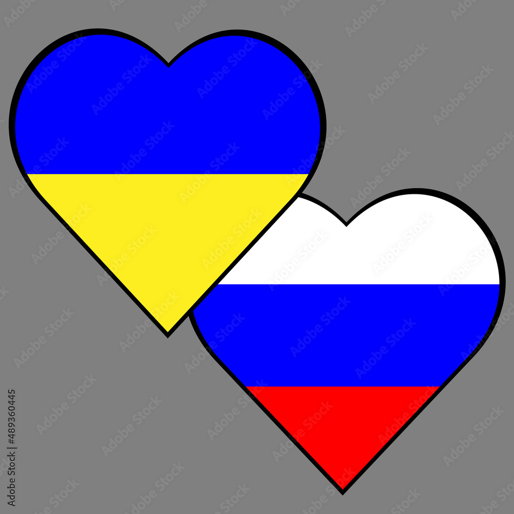 Flag of Ukraine and Russia in the form of a heart on a gray background. Vector drawing. Peace Flag of Ukraine and Russia in the form of a heart on a gray background. Vector drawing. Peace
