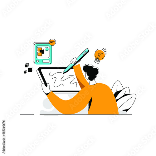 NFT Art Flat Illustration concept, color green, yellow, black, minimal modern line style, can be used for landing page, web, UI, banner, template, background, web development