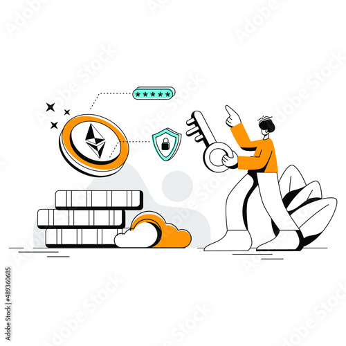 Security Token Flat Illustration NFT concept, color green, yellow, black, minimal modern line style, can be used for landing page, web, UI, banner, template, background, web development