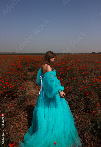 young girl with long hair in huge blue princess dress is standing in profile in red poppy field and looking down in sunlights on blue sky background. free space © NASTYA PALEHINA