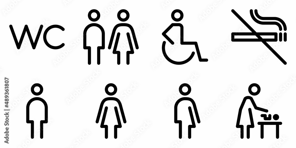 Toilet line icon set. WC sign. Men,women,mother with baby and handicap