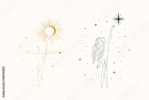 Celestial women line art vector set. Beautiful goddesses against the backdrop of the starry sky, the moon and the sun. Magical illustrations for greeting cards, posters and tattoos.