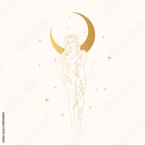 The graceful goddess  against the background of the starry sky and the moon. Golden celestial hand drawn vector illustration for greeting card or poster.