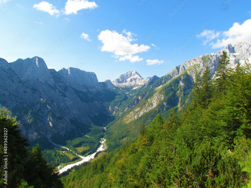 Scenic view of mountain Bavski Grintavec and Zadnja Trenta valley, Slovenia and slopes covered in larch trees Scenic view of mountain Bavski Grintavec and Zadnja Trenta valley, Slovenia and slopes covered in larch trees