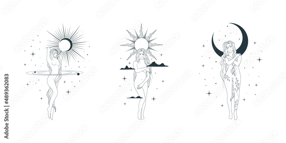 Celestial goddesses against the backdrop of the starry sky, the sun, clouds and the moon. Set of women line art vector illustrations in boho style for  card, tattoo and posters. 