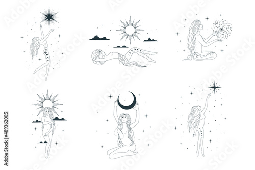 Celestial women  vector boho illustrations. Set of goddesses silhouettes against the backdrop of the starry sky, the sun, clouds and the moon. Line art elements for greeting card, tattoo and posters.