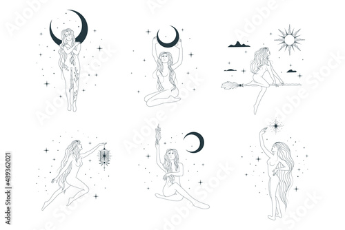 Celestial women vector boho illustrations. Set of  goddesses against the backdrop of the starry sky, solar eclipse, clouds and the sun. Line art elements for feminine esoteric card, tattoo or poster.