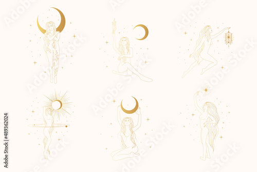 Celestial women vector boho illustrations. Golden set of  goddesses against the backdrop of the starry sky, solar eclipse, moon  and the sun. Line art elements for feminine esoteric card or poster. 