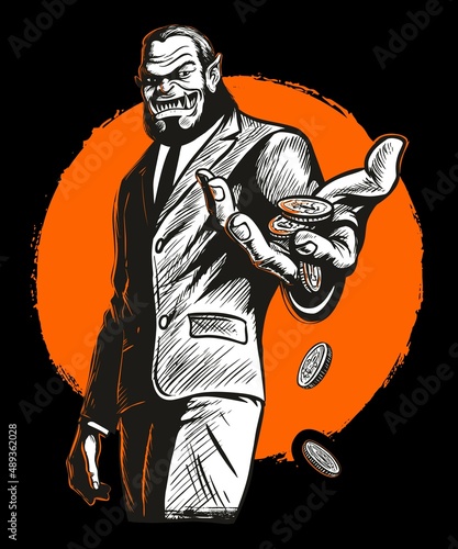 Cartoon, comic book style devil character, business person in a suit.