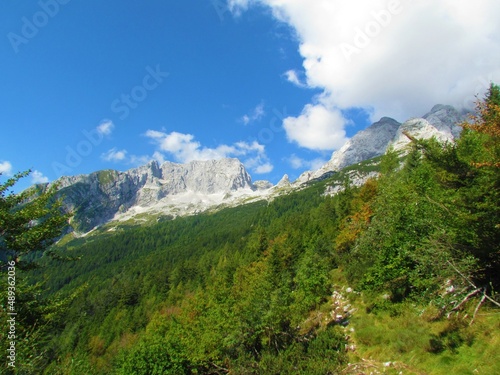 Scenic view of beautiful alpine landscape covered with mountain peaks above Zavetisce pod Spickom in the background in Julian alps and Triglav national park in Slovenia