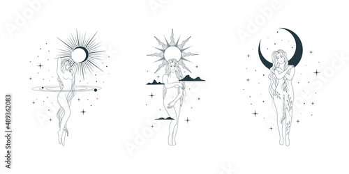 Celestial goddesses against the backdrop of the starry sky, the sun, clouds and the moon. Set of women line art vector illustrations in boho style for  card, tattoo and posters. 