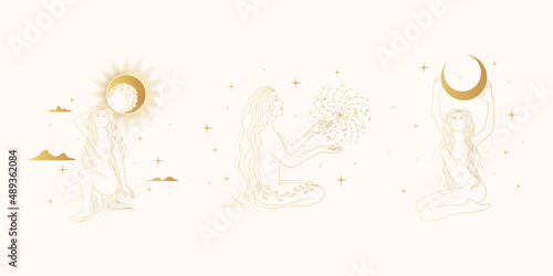 Celestial goddesses against the backdrop of the starry sky, the sun, clouds and the moon. Golden set of women line art vector illustrations in boho style  for  card and posters.