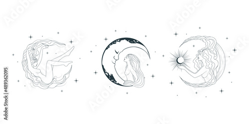 Celestial goddesses against the backdrop of the starry sky and the moon. Set of women line art design elements for  card, tattoo and posters. Vector illustrations in boho style.