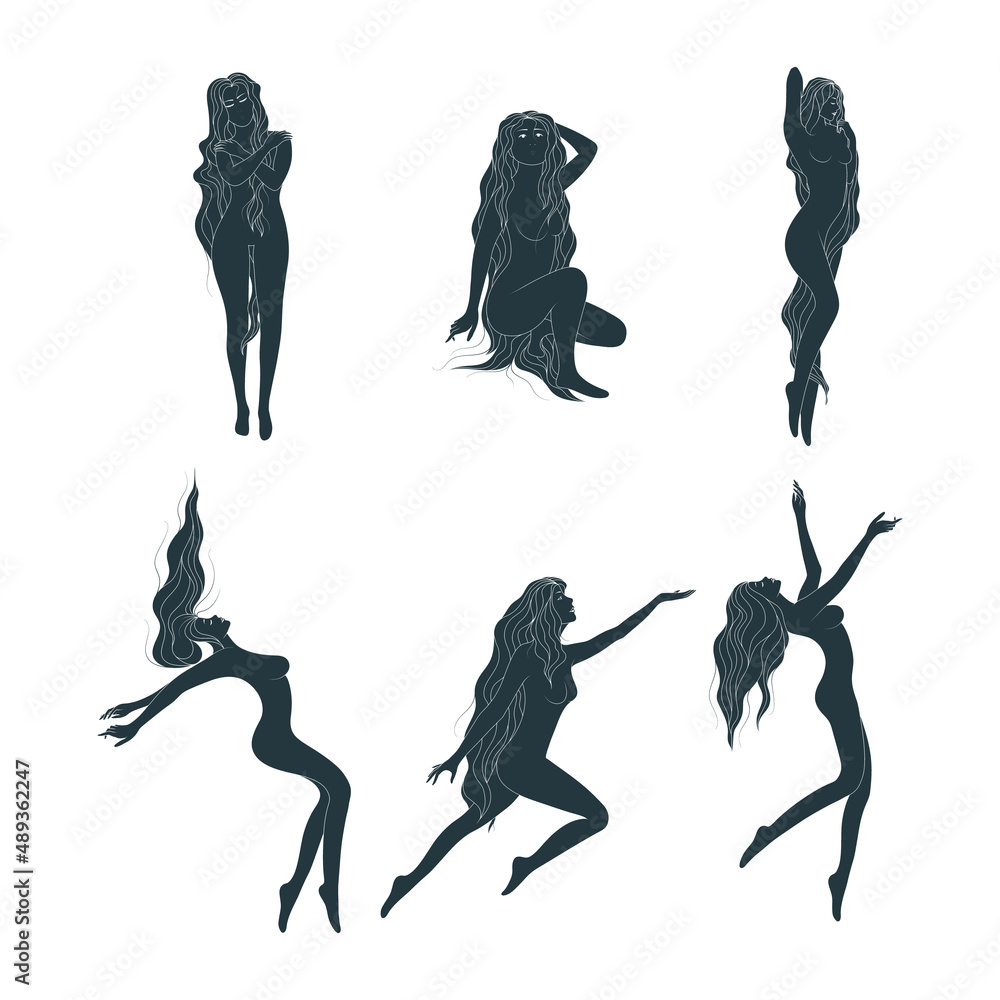 Vettoriale Stock Graceful Long Haired Naked Female Silhouettes In