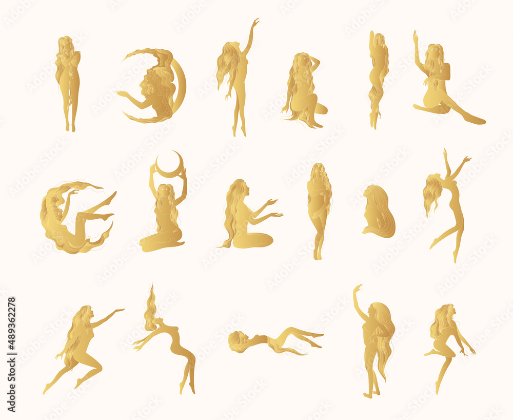 Celestial naked female golden silhouettes in different poses isolated on white background. Set of 17 women line art vector illustrations in boho style for card and  femininity posters.